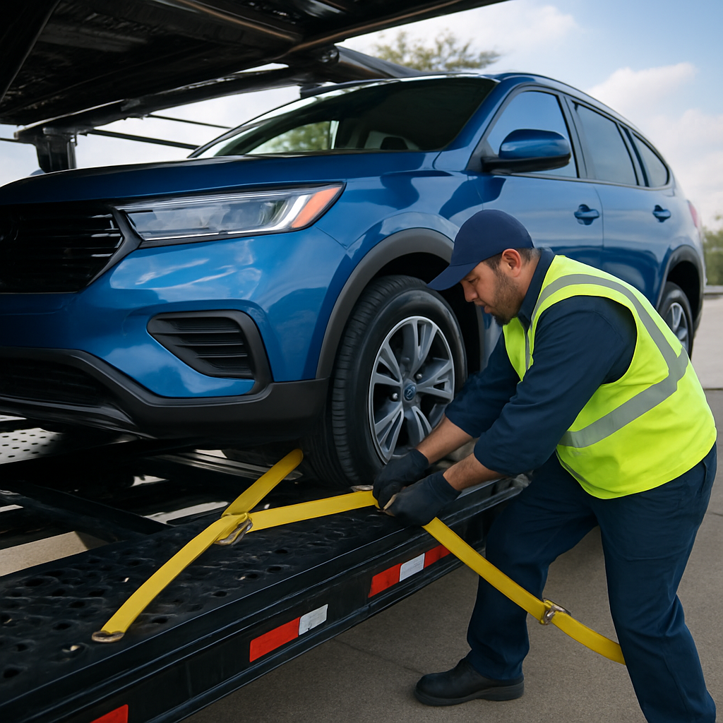 Zion Logistics worker securing a vehicle onto a car hauler